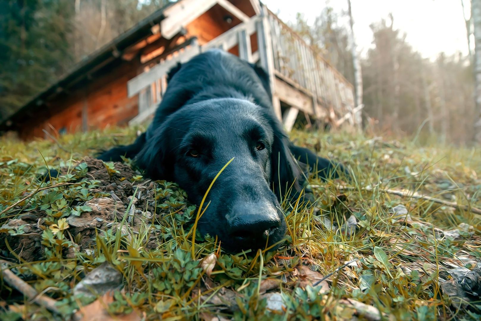Zwarte hond rust op de grond bij een houten huisje in het bos